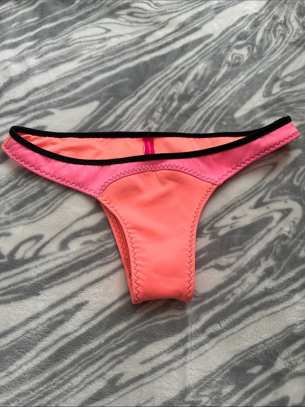 Victoria's Secret Neon Coral and Hot Pink Bikini Bottom with Black Trim